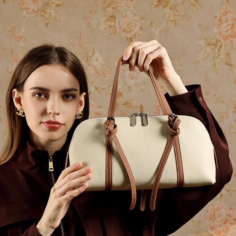 Vintage Genuine Leather Shell Shoulder Bag Ctrast Color Soft Designer Handbag Adjustable Strap Female Underarm Hobo Tote