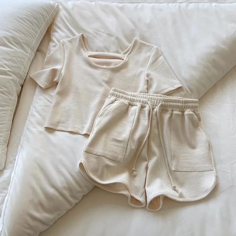 

WTEMPO футболки с коротким рукавом + свободные шорты с высокой талией и широкими штанинами, женские весенне-летние спортивные шорты для бега, повседневный модный комплект из двух предметов XXL бежевый