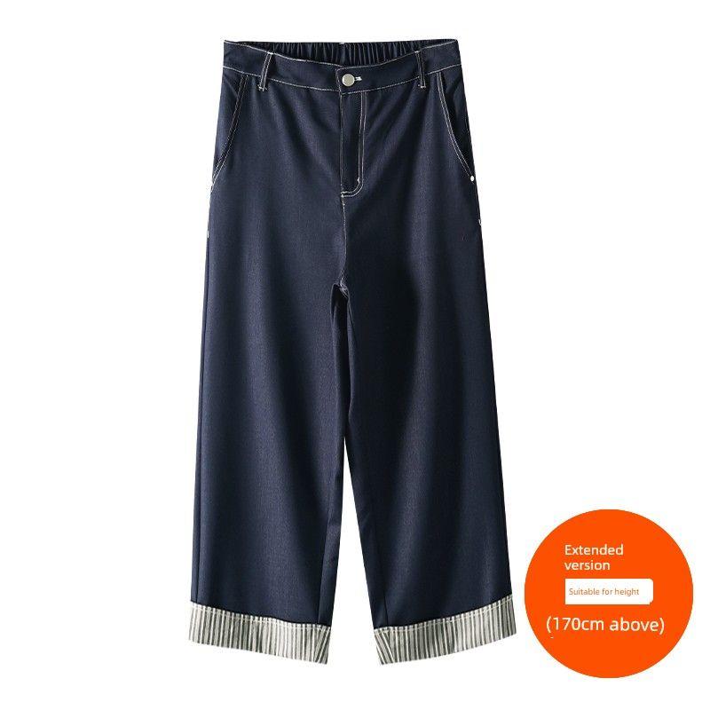 

Plus size women clothing [Three Pants Length Options] Retro Imitation Jeans Summer Contrast Color Foot Mouth Patchwork Capri Wide Leg Pants Denim Blue (170cm above) 6XL