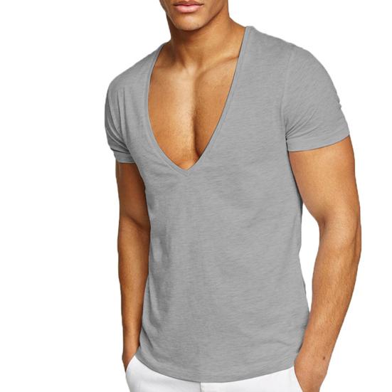 Men T-shirt Deep V Neck Solid Color Slim Fit Pullover Thin Workout Sweat Absorption Mid Length Sports Top Men Clothes