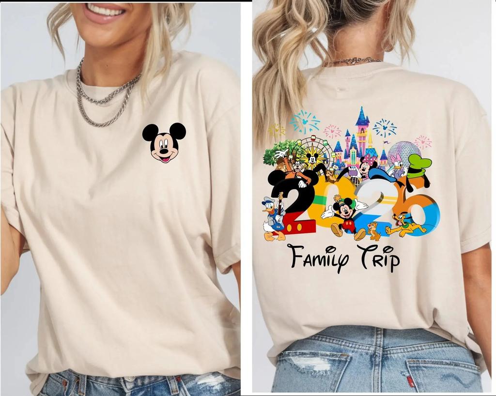 2026 Summer Mickey Classic Character Family Trip Theme Cotton Printed Short Sleeve Tshirt Unisex Unisex Families Children
