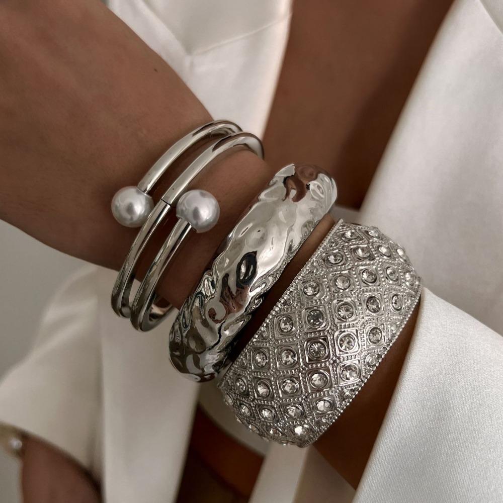Wide Exaggerated Bangle Metal Rhinestone Inlay Bangle Metal Geometric Bracelets  Women Girls