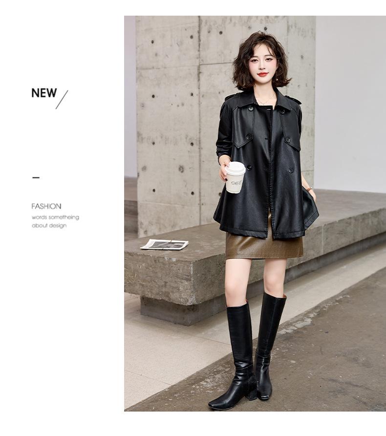 Veste Manteau Mi-long Petit en Cuir PU Rétro Mode Automne 2024 pour Femme