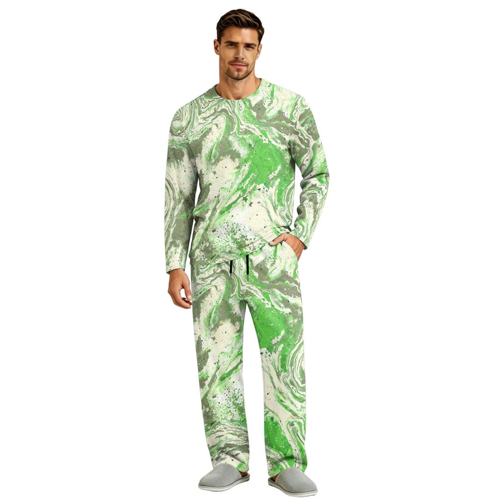 Men's Pajama Set Long Sleeve Top and Long Pants with Button Crotch and Elastic Drawstring Waist for Home Loungewear