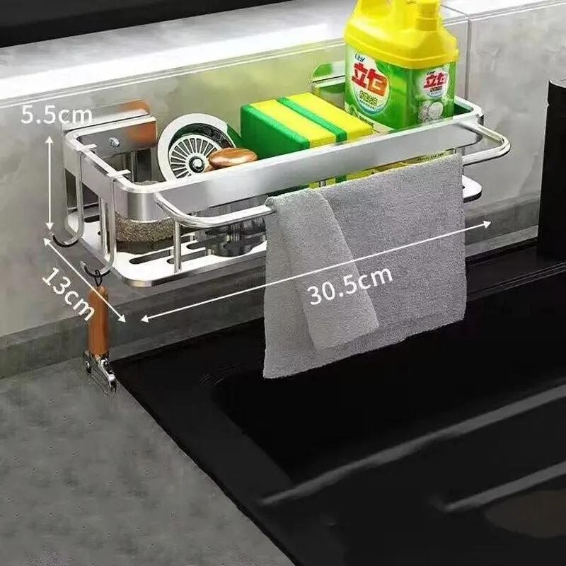 1pc Kitchen Aluminium Sink Drain Rack Shelf Basket Organizer Kitchen Accessories Sponge Storage Faucet Holder Soap Drainer 1pc K