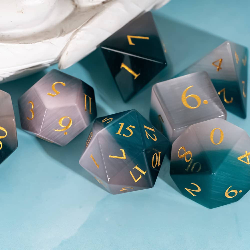 Cusdie Cat's Eye Stone DND Dice Handmade D4-D20 Polyhedral Gemstone Dice Set with Leather Box for Tabletop RPG Collection
