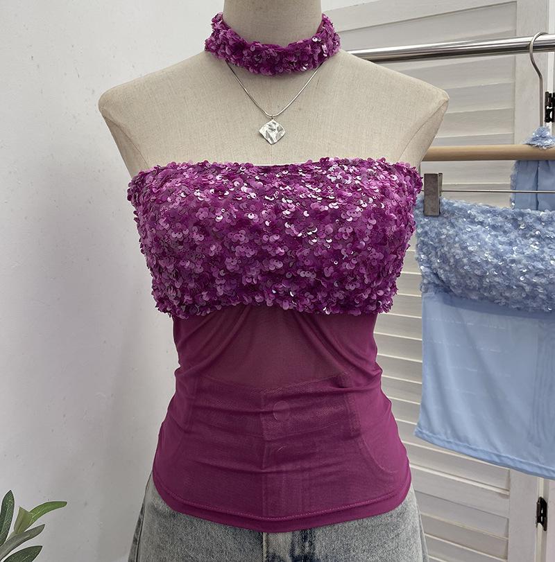 Sexy Sequin Patchwork Mesh Bandeau Top with Chest Pads & Anti-slip Halter Neck One Size фиолетовый