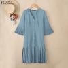 ZANZEA Women Casual V-Neck Solid Color 3/4 Sleeve Pleated Dress