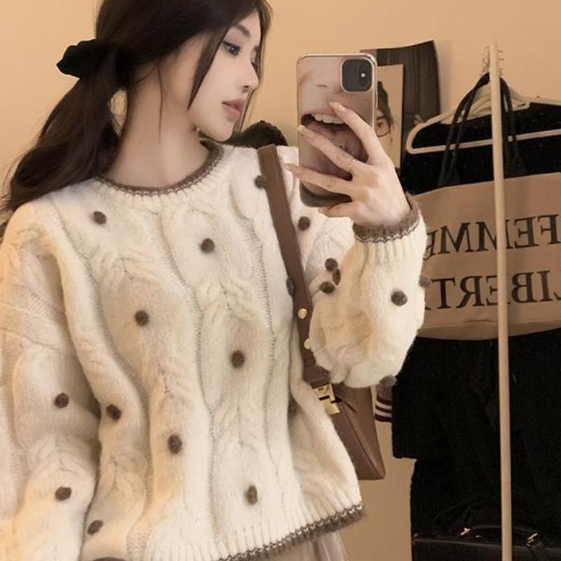 Women's Autumn Lazy Style Color-Block Sweater Loose Versatile Short Designer Long-Sleeve Knit Top
