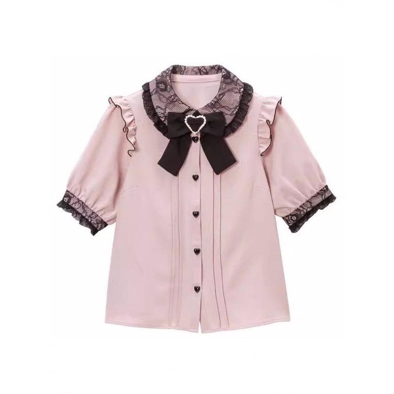 Cross-Border Europe Cute Versatile Japanese Style Bow Long Sleeve Ruffle Shirt for Women