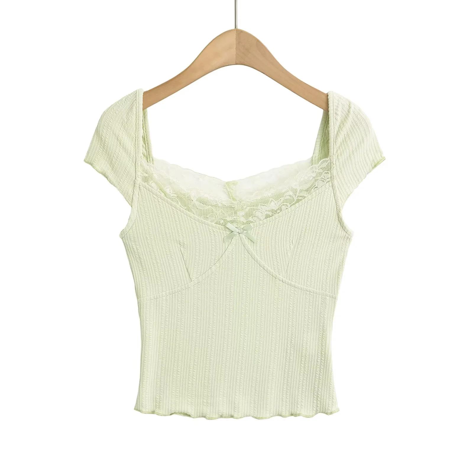 

2025 Бантик кружева короткий рукав европейский и американский стиль женская новая эластичная нить топ сладкий прохладный пряный девушка футболка M мятный зеленый