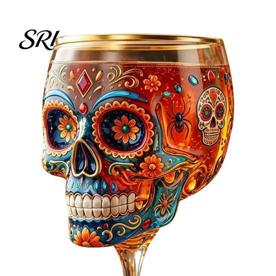 Skeleton Themed Wine Glass Gothic Skull Glass, Hand Painted Goblet, Day Art Glassware of The Dead Decor, Unique Bar Gift for Halloween Altar Accessory