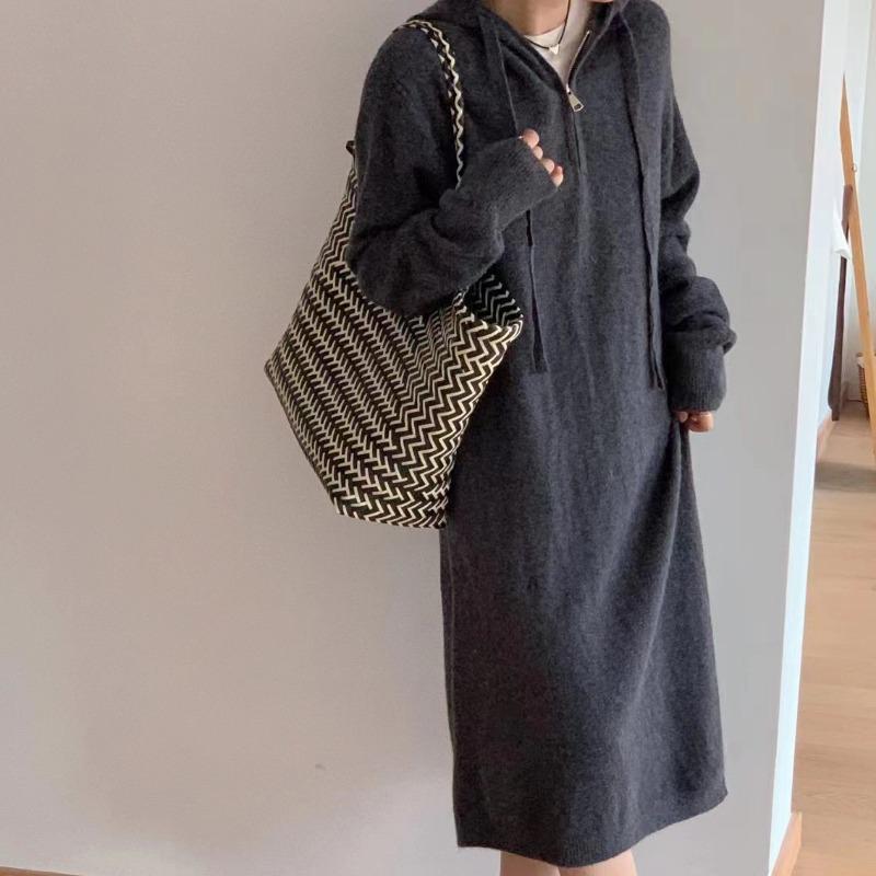 Hooded zipper sweater skirt women's autumn and winter new loose lazy casual thick knitted dress