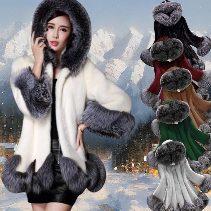 Aux Fur Coat Women Autumn and Winter Mink Coat Fox Fur Collar Hooded Jacket Plus Size 6XL Top Fur Female Christmas Clothes