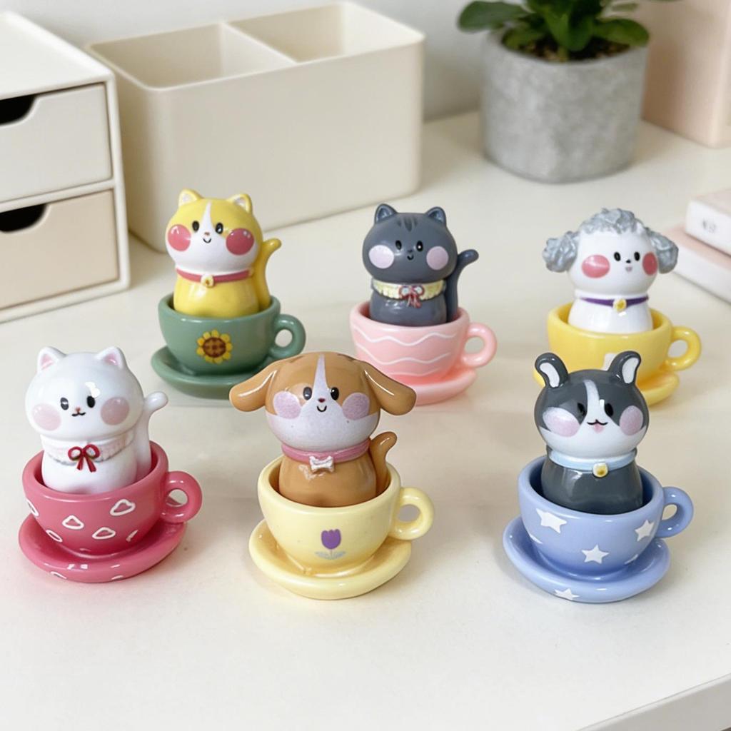 Shin-chan Cute Pet Tea Cup Ornament: Cartoon Cat & Dog Resin Figurines
