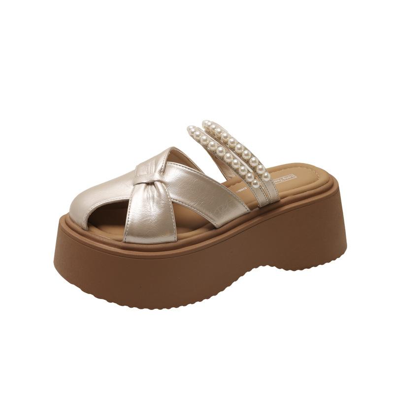 

Маффин на толстой подошве и крутые тапочки Новые летние женские баотоу с бусинами, дышащие женские тапочки на одной педали 40 шампанского