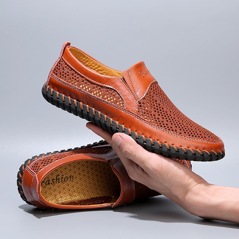 Men's Breathable Mesh Slip-on Sandals - Soft Sole Leather Dad Shoes, Size 50, Large and Comfortable.