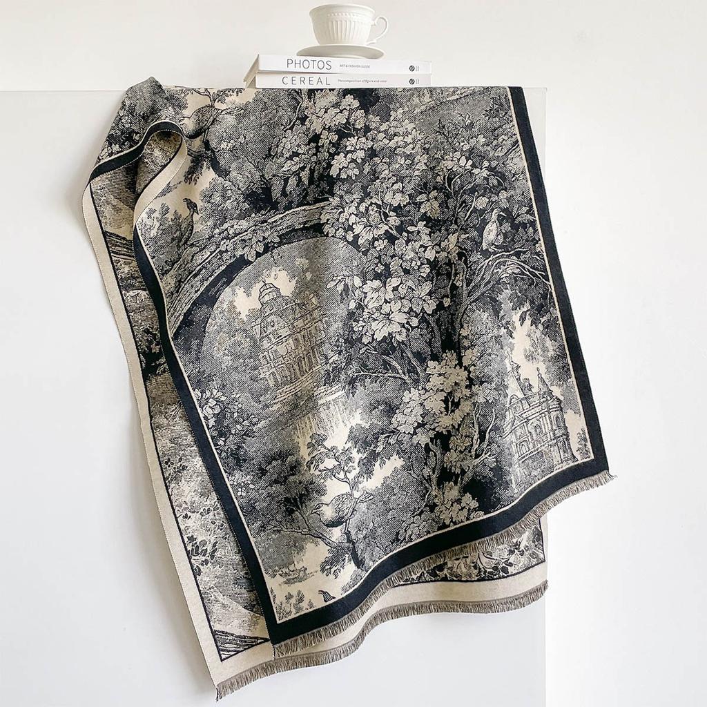 Winter Fashion Oversized Blanket Scarf Faux Cashmere Brown Vintage Antique Castle Garden Art Print Reversible Ladies Wrap Shawl