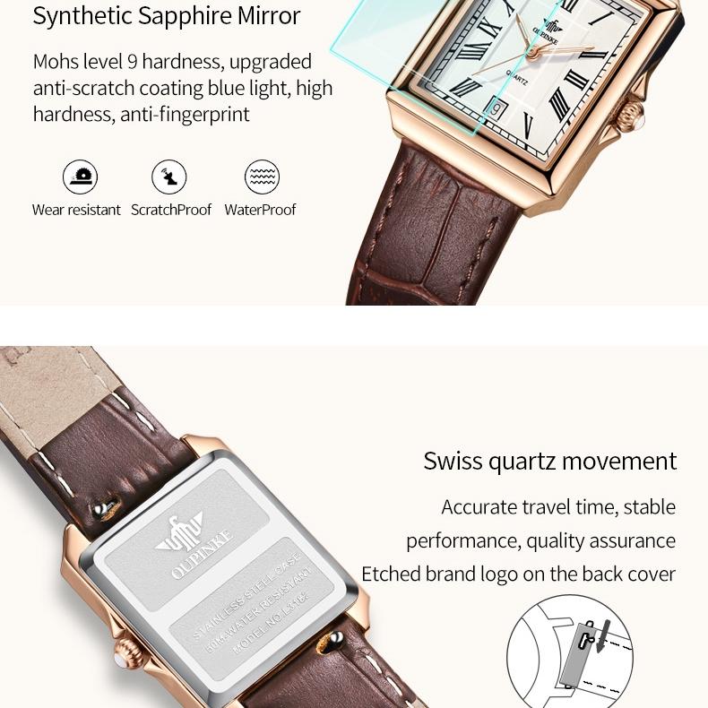 OUPINKE Merkeklokker Rektangulær mote Kvartsklokke Vanntett Enkel Kompakt Høyt utseendenivå Dameklokke Dameklokke