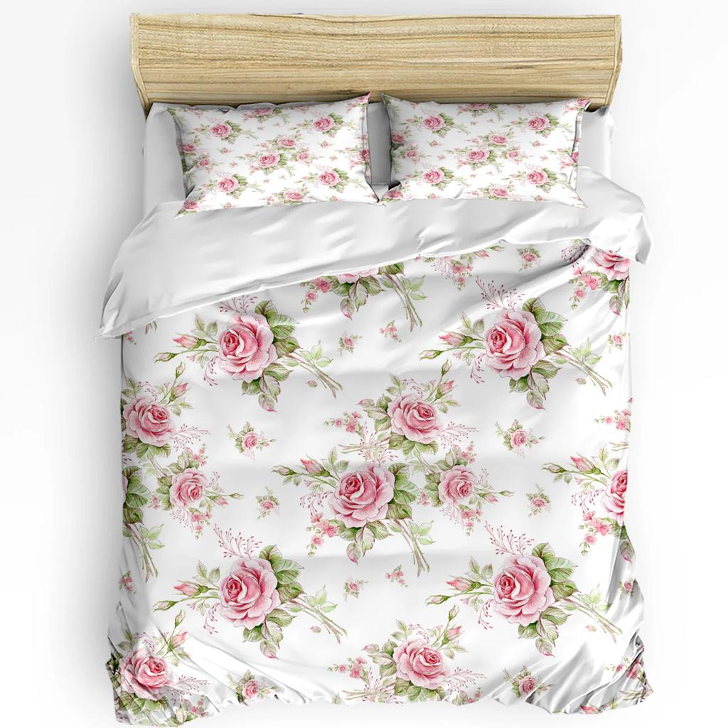 Roses Pink Flowers Duvet Cover Bed Bedding Set For Double Home Textile Quilt Cover Pillowcases Bedroom Bedding Set (No Sheet)