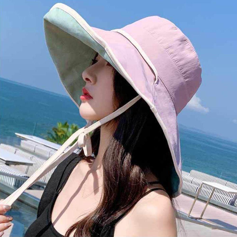 Solid Color Wide Brim Sun Hat Korean Style Anti-UV Sun Protection Hat with Neck Rope Fisherman Hat Women Bucket Hat Travel