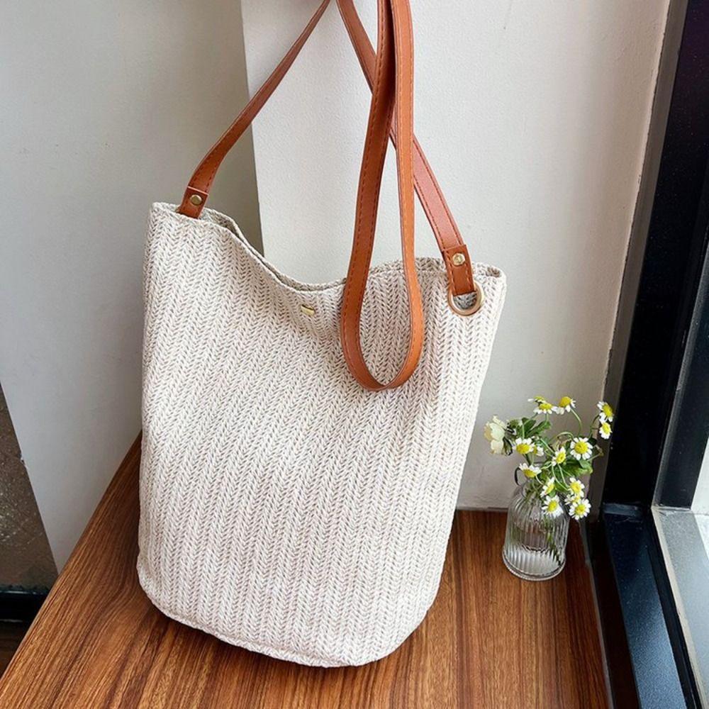 

Canvas Bohemian Shoulder Bag Solid Color Straw Handbag Trendy Weave Tote Bag Women белый