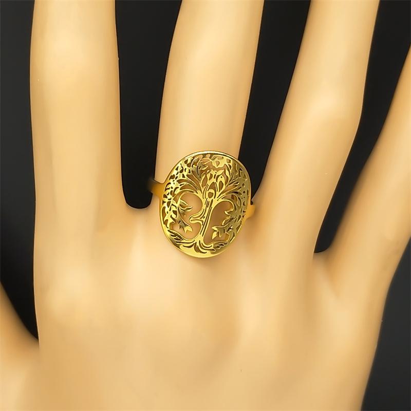 Yoga Healing Tree of Life Ring for Women Men Stainless Steel Gold Color Balance Spiritual Adjustable Rings Jewelry R59S02
