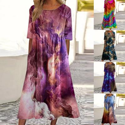 Women's Fashion  Casual Round Neck  Print Pullover Short Sleeve Loose Dress