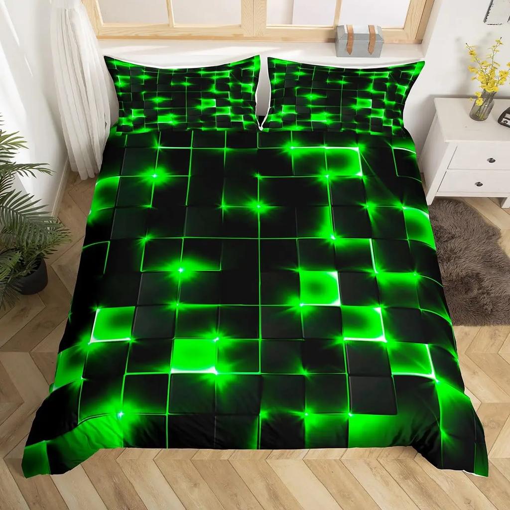 Abstract King Duvet Cover Modern Geometric Grid Square Bedding Set Red and Black Neon Light Line Geometry Themed Quilt Cover