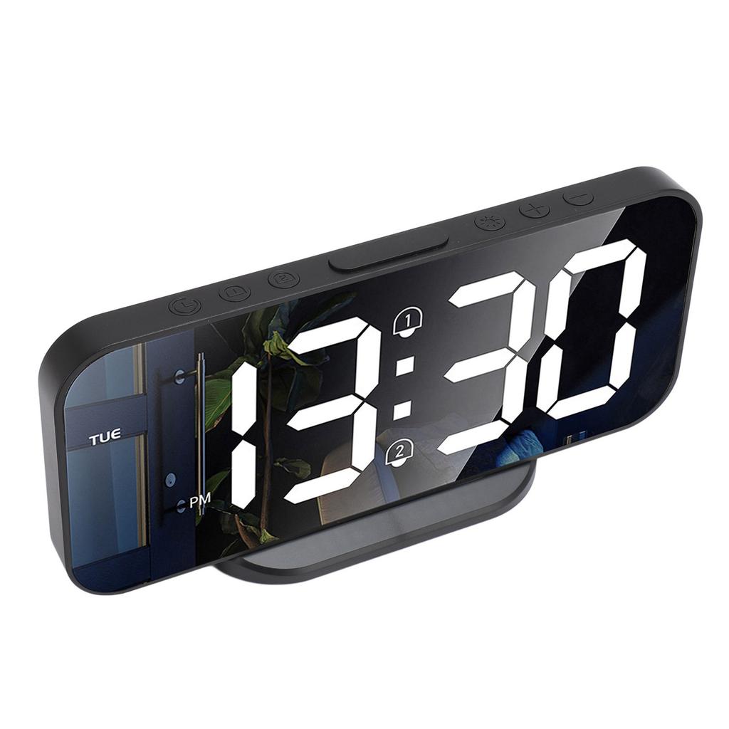 LED Mirror Electronic Clock Adjustable Brightness 6.7 Inch HD Digital Alarm Clock for Bedroom Living Room Office Black