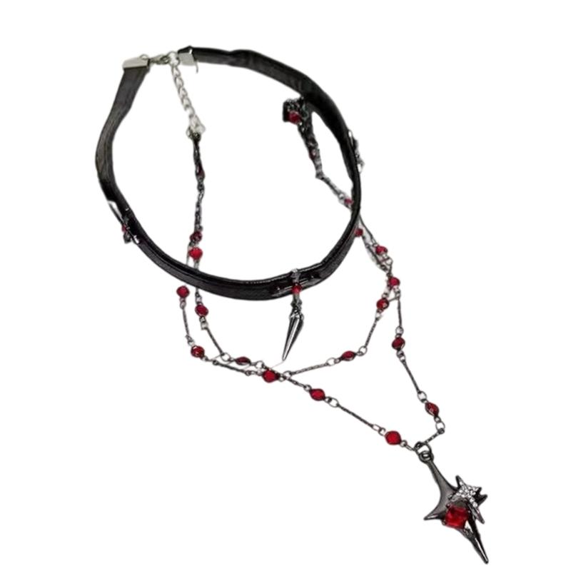 Double Layer Dark Aesthetic Crosses Necklace And Edgy Black Leather Chokers Jewelry Set