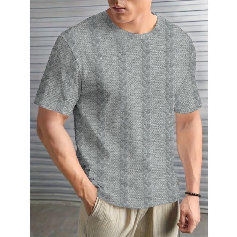 Mens Casual Solid Color Textured Cable Knit Short Sleeve Crew Neck T Shirt