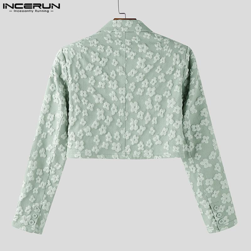 INCERUN Men Lapel Neck Long Sleeve One Button Flowers Texture Cropped Blazer Coats