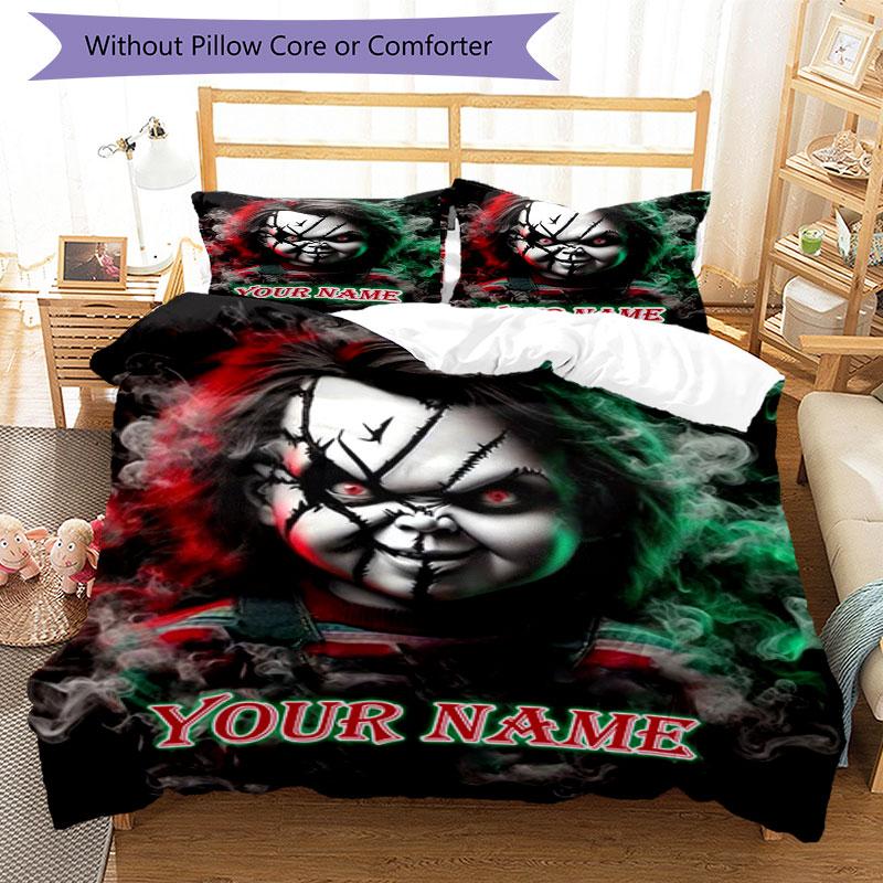 3PC Custom Name Horror Mask Bedding Set Printed Bedding Set Duvet Cover Closure Includes 1 Duvet Cover & 2 Pillowcases for All Seasons Bedroom