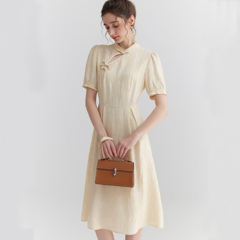 Snowforte Silk Blend New Chinese Style Textured Puff Sleeve Dress 2XL