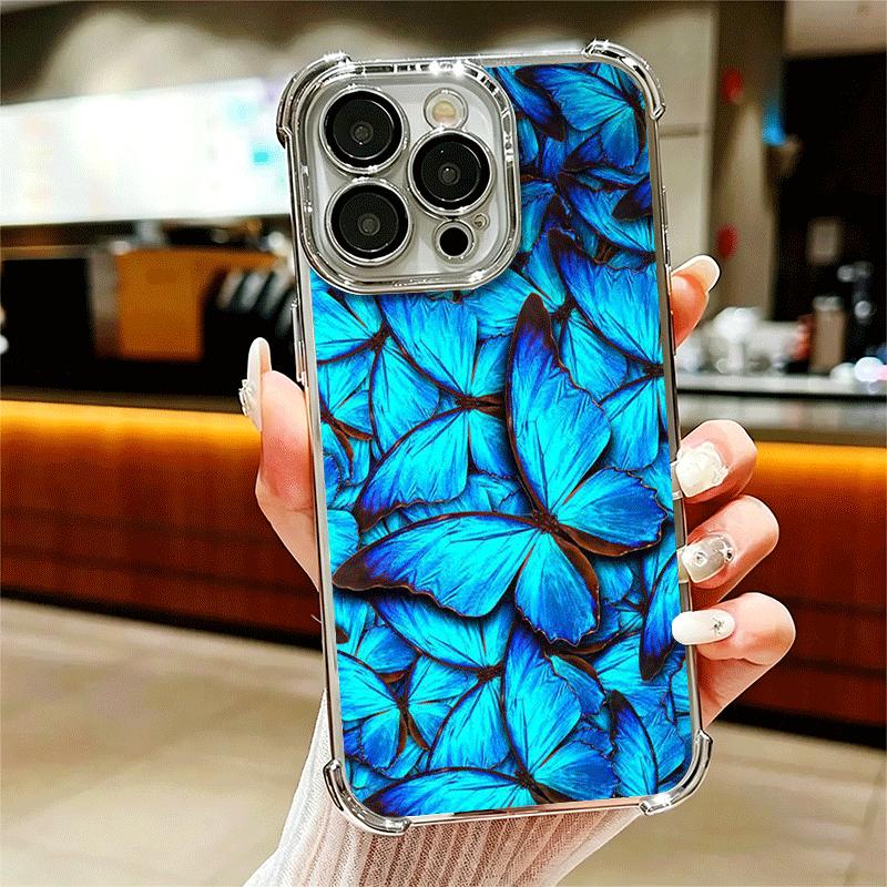 Blue Butterfly Aesthetics Plating Phone Case For Iphone 16 17 Pro Max Air 16E 14 15 Plus 12 13 Mini Anti-Fall Airabag Cover