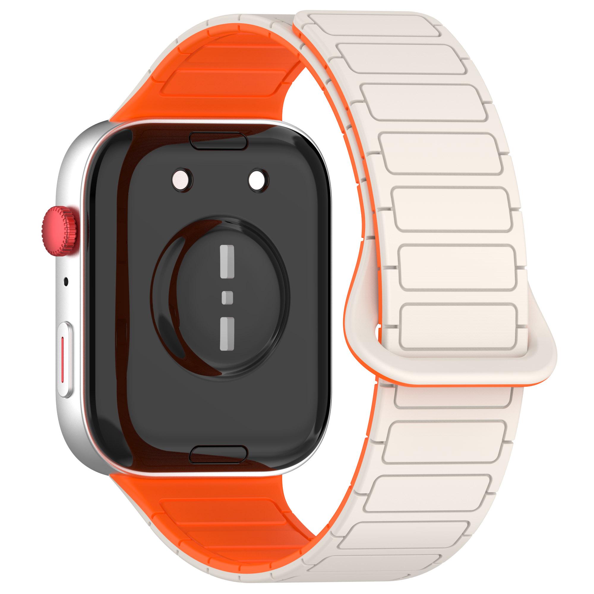 

For Huawei Watch Fit 3 Dual Color Replacement Band Magnetic Silicone Watch Strap Starlight+Orange