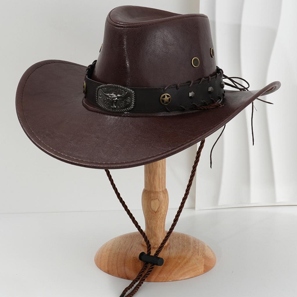 Large Brims Western Hat PU Leather Top Hat with Bull Head Belt for Costume Parties Halloween Dressingup Props Headwear