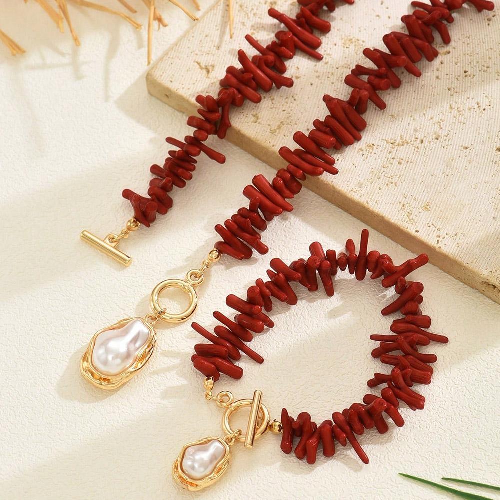 Red Coral & Imitation Baroque Pearl Pendant Choker /Bracelet Set Women's Bohemian Bold Tropical Charm Wedding Jewelry Set