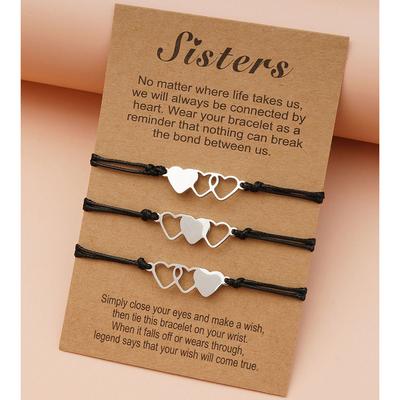 3 Stück passende Herz-Distanz-Herz-zu-Herz-Schwesterkarten-Armbänder, drei Schwestern, Edelstahl-Herzarmbänder, handgefertigt