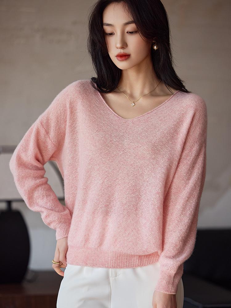 V-Neck Pure Wool Loose Knit Sweater for Autumn and Winter