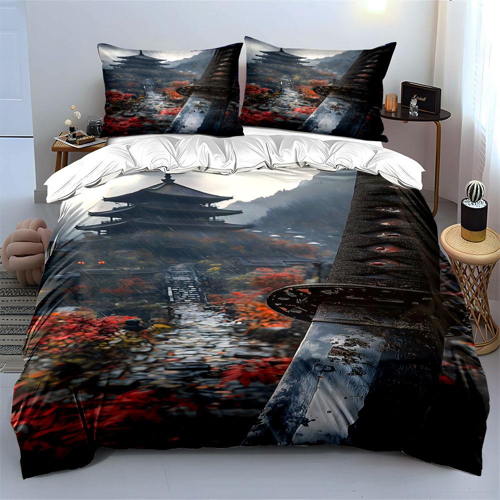 Pagoda, pathway, sword design. Bedding sets Duvet cover sets Duvet covers Pillowcases(1 * Duvet Cover 2 * Pillowcases without duvet insert)