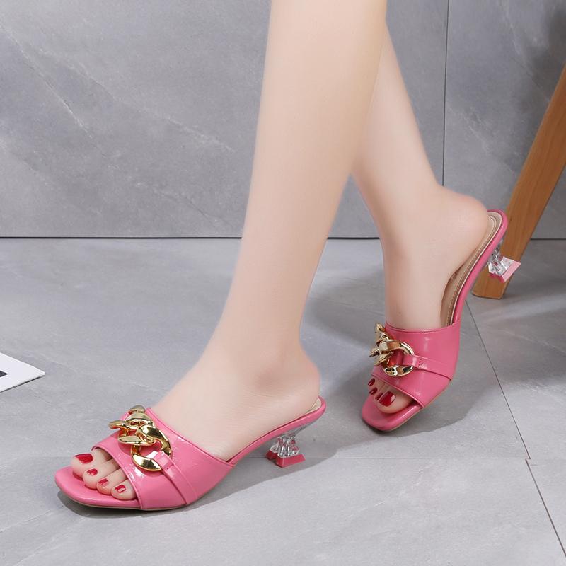 Women Slippers Mules Slides Shoes Female Clear Heels Sandals with Chain Low Heels Open Toe Outdoor Party Fashion Footwear Black