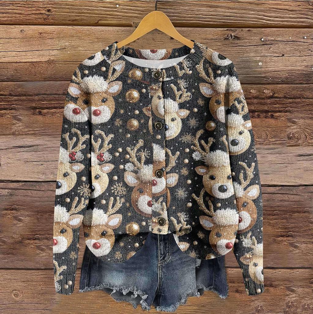 Women's Vintage Knit Button Christmas Print Cardigan Jacket