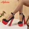 Fashion Aphixta Disco Dance 2cm Pearl Belt Buckle Round Pumps 5.5cm Platform Hot Sale Party 16cm High Chunky Heels Shoes Women
