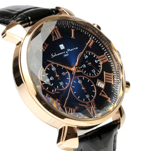 Salvatore Marra Men's Watch, Multi-faceted Glass Chronograph with Gradient Leather Strap, Green, Blue, and Black, SM19104-PGBLBK