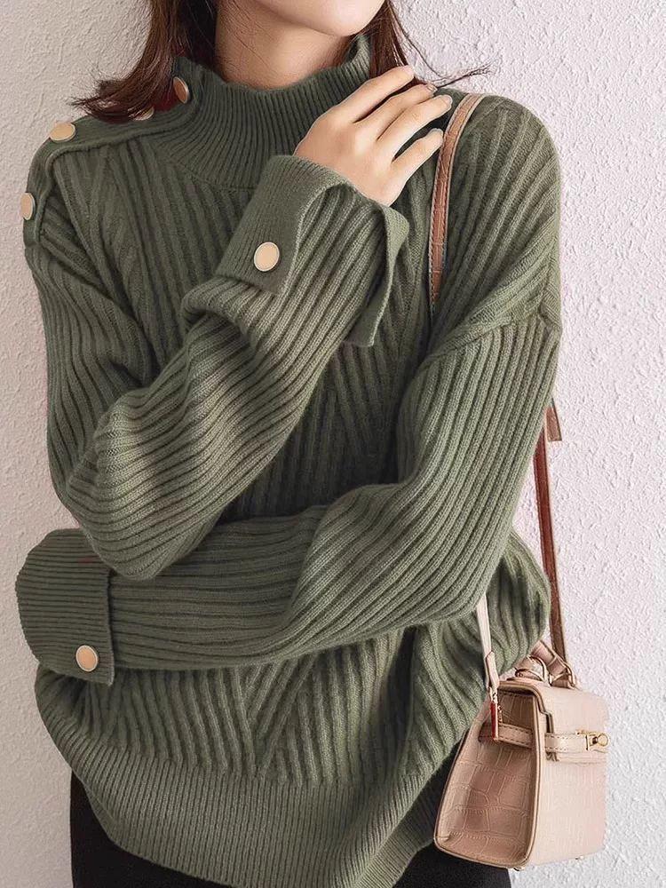 Tejido de punto acanalado estilo europeo de talla grande con cuello semi-alto: Suéter Suave de Otoño/Invierno para Mujer