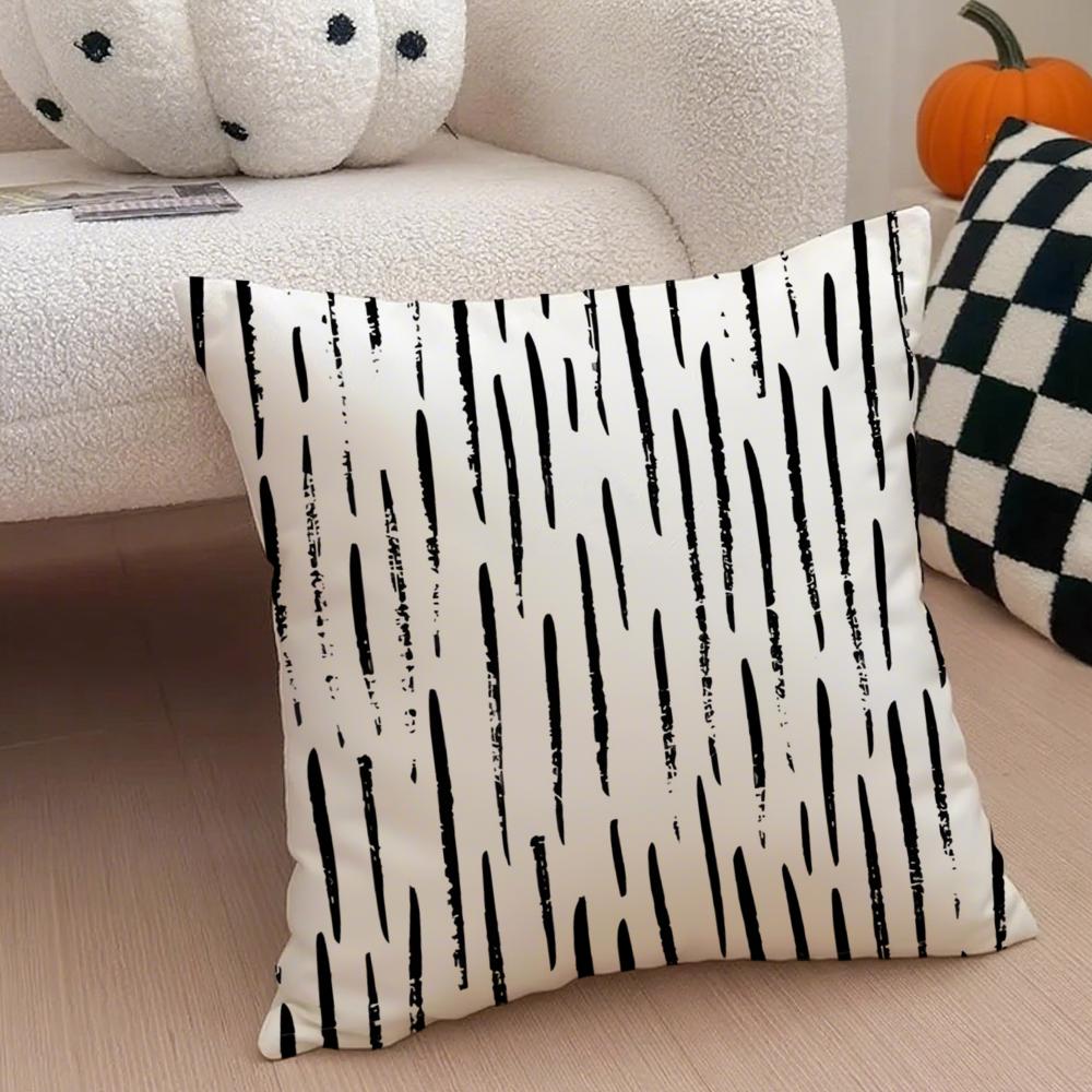 Black And White Striped Geometric Rectangle Art Cushion Cover Throw Pillow Cover Hidden Button Durable Polyester Chair Cushion