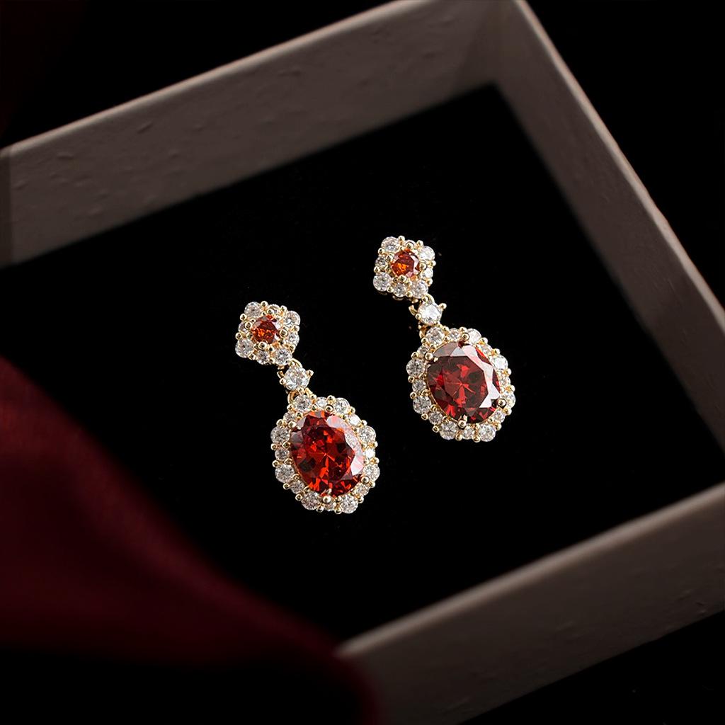 Vintage Zircon Red Court Style 925 Silver Earrings with 14K Gold Plating