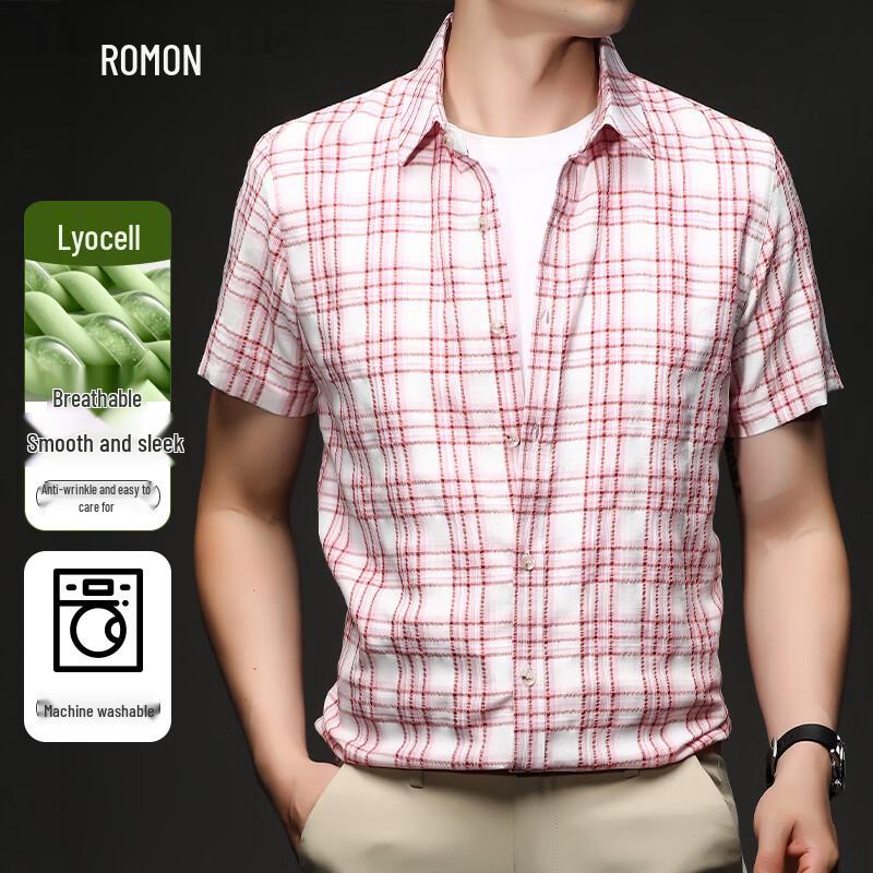 Romon Men s Lyocell Wrinkle-Resistant Plaid Short-Sleeve Shirt L